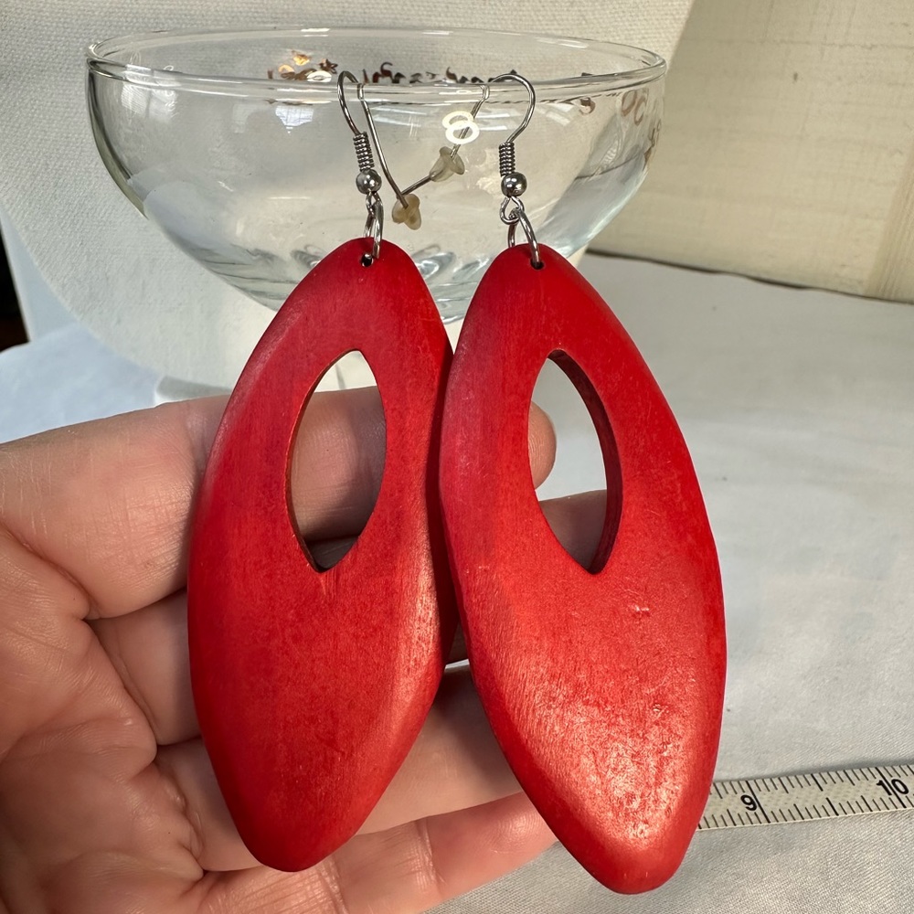 Large red surfboard style wooden earrings